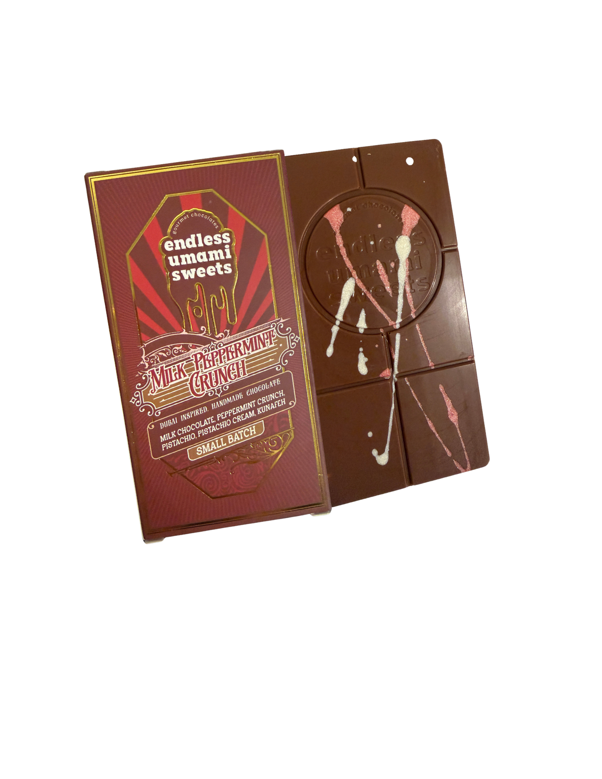 Belgian milk chocolate with crushed peppermint candy, creamy pistachio filling, roasted pistachios and crispy kunafeh. Shop handcrafted Endless Umami Sweets.