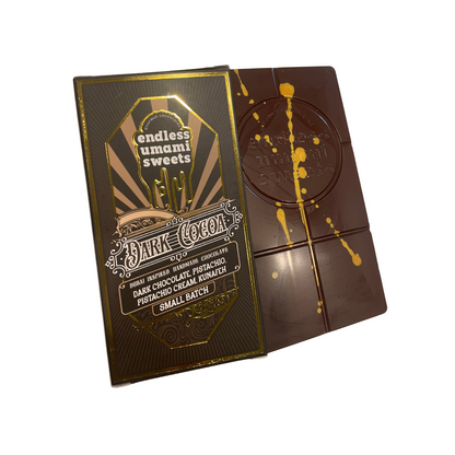 Dark Cocoa chocolate bar with Belgian dark chocolate, pistachio cream, roasted pistachios and crispy kunafeh by Endless Umami Sweets.