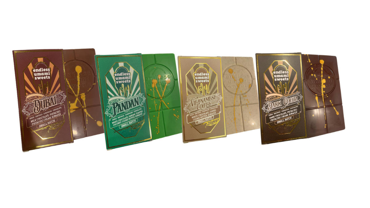 Handcrafted Endless Umami Sweets chocolate bars featuring Dubai, Pandan, Vietnamese Coffee and Dark Cocoa flavors.