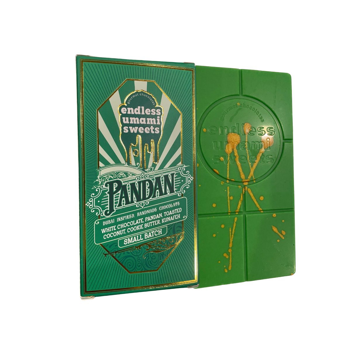 Pandan chocolate bar with Belgian white chocolate, pandan, toasted coconut, cookie butter and crispy kunafeh by Endless Umami Sweets.